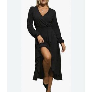 Kor Mei Size L Dress Boho Black V-Neck Waist Smocked Long Sleeve Midi Faux Wrap